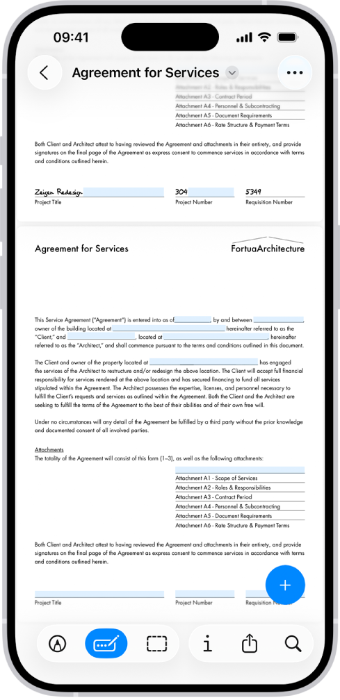 หน้าจอที่แสดงแบบฟอร์ม PDF ในแอปแสดงตัวอย่าง โดยมีช่องที่สามารถกรอกได้ถูกไฮไลท์ ที่ด้านล่างสุดของหน้าจอคือปุ่มเพิ่มคำอธิบายประกอบ ปุ่มทำเครื่องหมาย ปุ่มป้อนอัตโนมัติ ปุ่มครอบตัด ปุ่มข้อมูล ปุ่มแชร์ และปุ่มค้นหา ปุ่มป้อนอัตโนมัติถูกเลือกอยู่