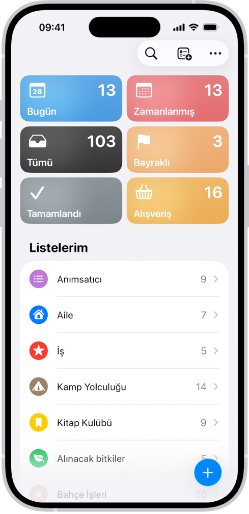 Anımsatıcılar ekranı, her biri öğe sayısını gösteren Bugün, Zamanlanmış ve Bayraklı gibi Akıllı Listeler ızgarasını gösteriyor. “Listelerim” başlığının altında Aile, İş ve Kamp Gezisi gibi özel anımsatıcı kategorilerinin listesi gösteriliyor.