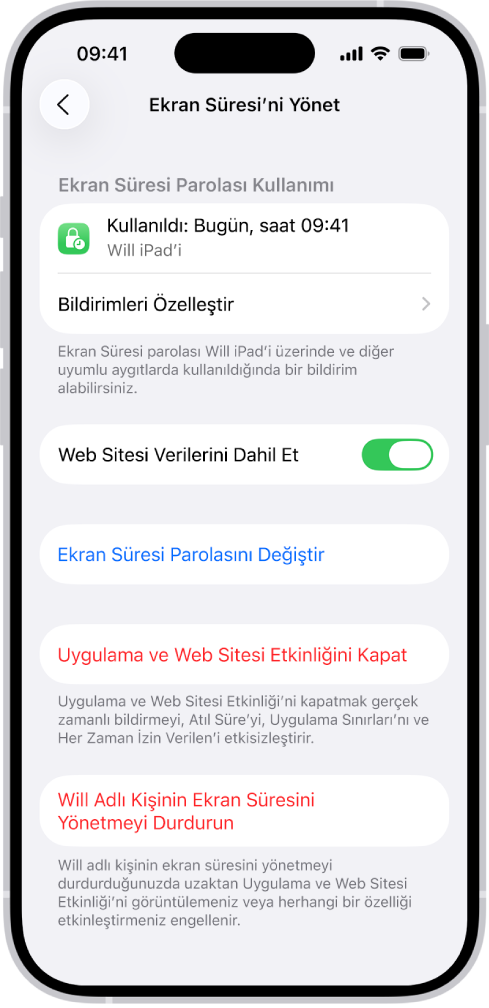 Ailedeki bir çocuk için Ekran Süresi’ni Yönet ekranı. Ekranın en üstünde, parolanın son kullanıldığı zaman ve aygıt gösteriliyor.
