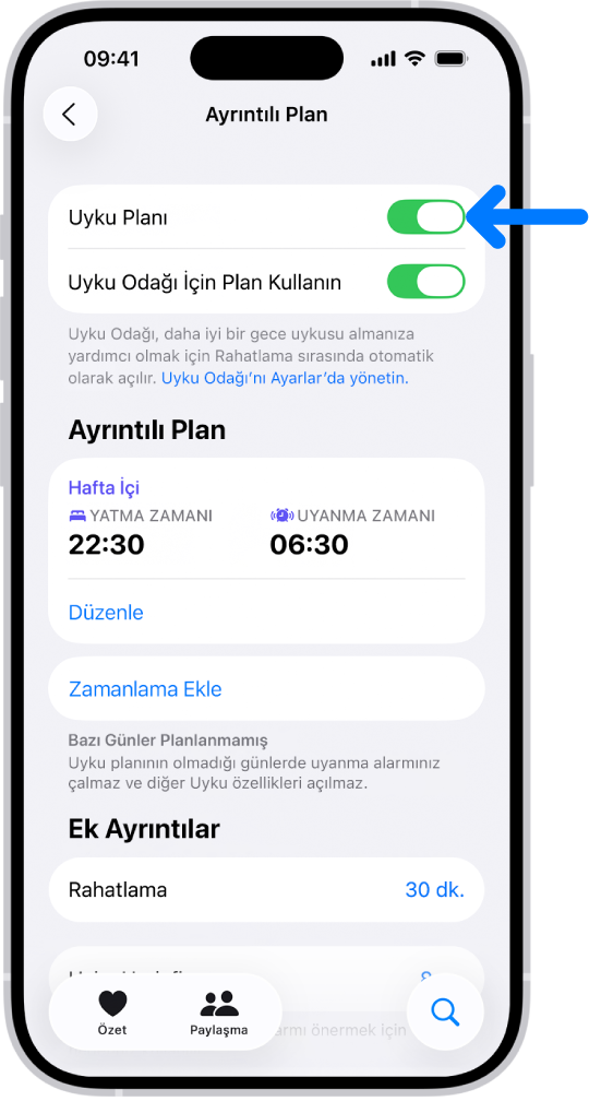 En üstte Uyku Planı açılmış olan Sağlık’taki Ayrıntılı Plan uyku ekranı.