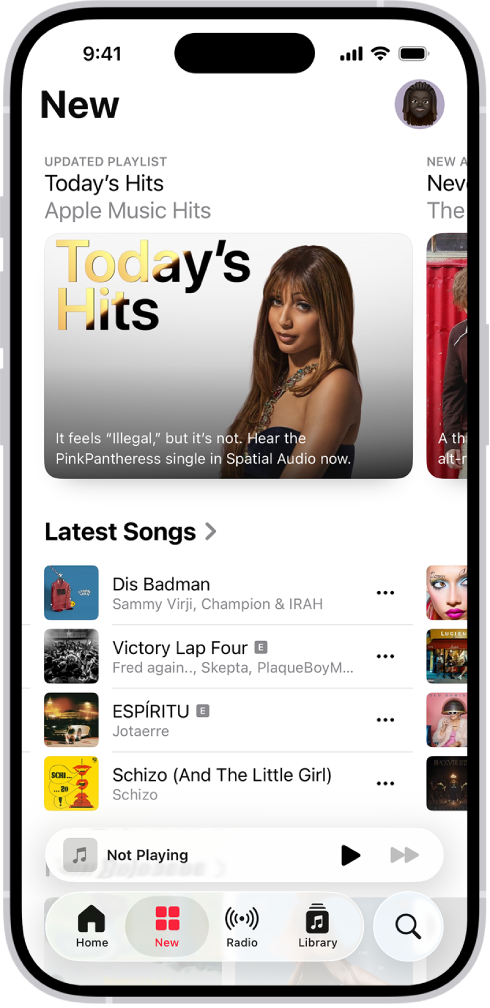 نیا ٹیپ، جس کے اوپری حصے میں اپڈیٹ کردہ پلے لسٹ دکھائی جا رہی ہے۔ آپ مزید فیچر کردہ موسیقی اور ویڈیو دیکھنے کے لیے بائیں طرف سوائپ کر سکتے ہیں۔ حالیہ ترین گانے کا سیکشن نیچے ظاہر ہوتا ہے۔ آپ نئی اور تجویز کردہ موسیقی کا جائزہ لینے کے لیے اسکرین پر اوپر کی طرف سوائپ کر سکتے ہیں۔