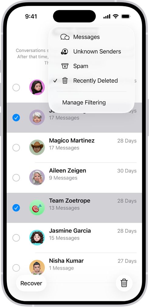 حالیہ حذف کردہ پیغامات کی فہرست جس میں دو بات چیت منتخب کی گئی ہیں اور اسکرین کے نچلے حصے میں دو اختیارات دستیاب ہیں: بازیاب کریں اور مستقل طور پر حذف کریں۔