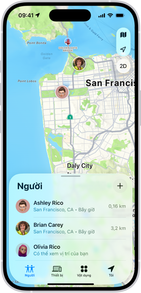 Màn hình ứng dụng Tìm đang hiển thị danh sách Người và vị trí của họ trên bản đồ.