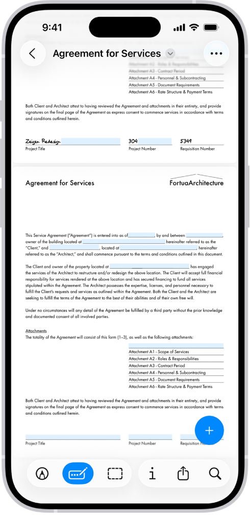 「預覽程式」App 的畫面顯示一份 PDF 表單,可填寫的欄位已被螢光標示。螢幕底部是「加入註解」、「標記」、「自動填寫」、「裁剪」、「資料」、「共享」和「搜尋」按鈕。已選取「自動填寫」按鈕。