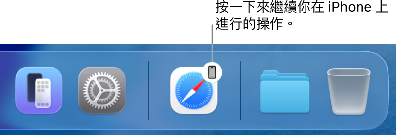 在 Mac 上的 Dock 可以看到「接手」圖像。