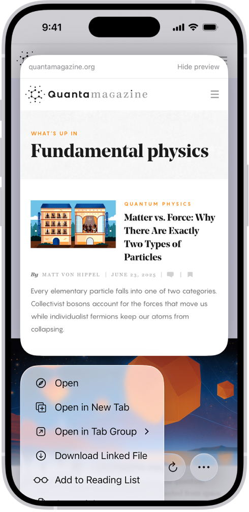 網站的預覽,以及可用操作的列表:「開啟」、「在新分頁開啟」、「在分頁群組開啟」、「下載連結檔案」和「加至閲讀列表」。