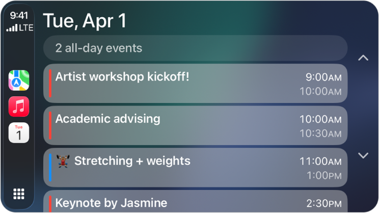 CarPlay 在側邊欄顯示「地圖」、「音樂」和「日曆」。右邊是六月五日(星期一)的行程,投資組合工作會議、領導技巧研討會、演講準備和合唱團練習。
