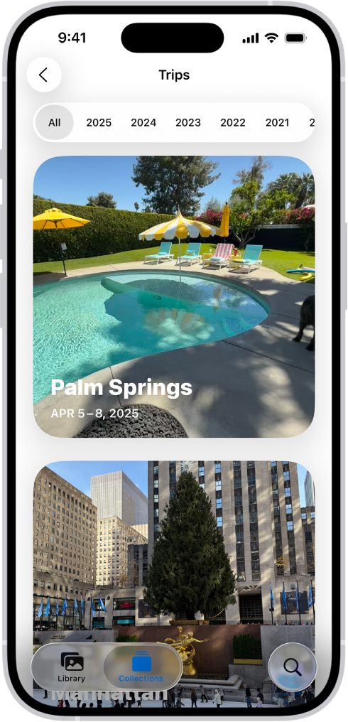 「相片」App 中的「旅程」開啟。年份橫列在螢幕最上方顯示。已選取「全部」,其下方為來自不同旅程的相片選集。