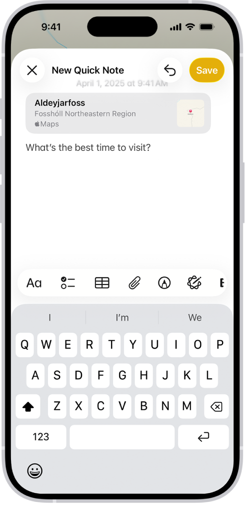 「快速備忘錄」顯示前往「地圖」位置的連結,而且連結下方為文字。「儲存」按鈕位於左上方。