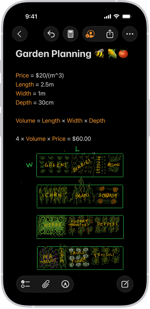 「數學備忘錄」在「計算機」中開啟,其中包括已宣告的變數、方程式,以及數學問題的繪圖。