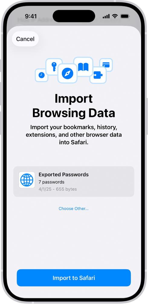 「輸入瀏覽資料」畫面,顯示將要輸入的密碼 CSV 檔案,該檔案來自其他密碼管理員。