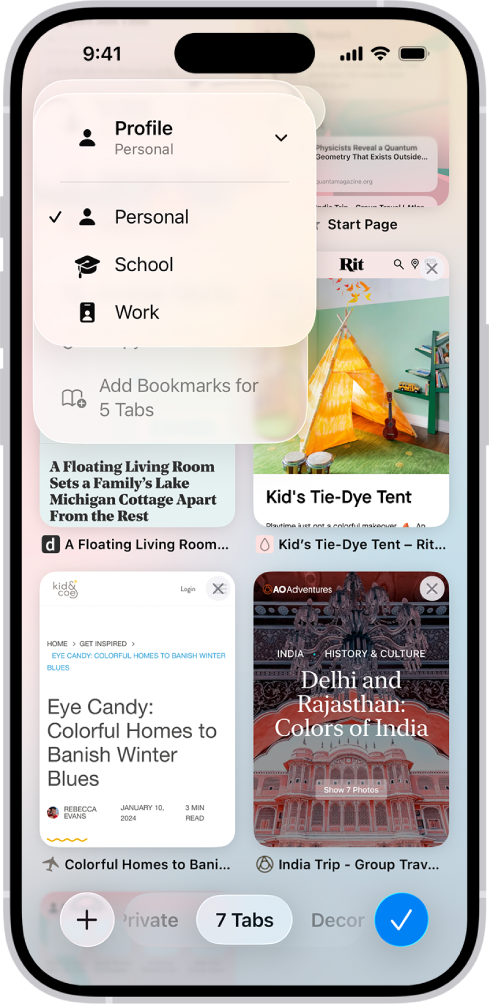 iPhone 螢幕,其中顯示目前已開啟的分頁,以及「個人」、「學校」和「工作」瀏覽主題的選單。已選擇「個人」瀏覽主題。