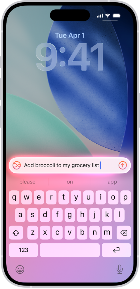 iPhone 锁定屏幕显示键盘。Siri 请求显示在键盘顶部。