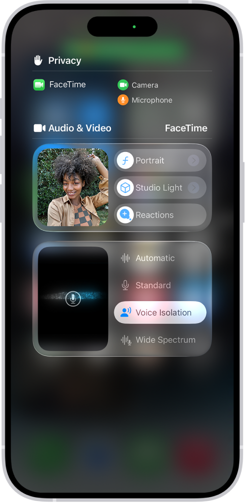 控制中心显示音频和视频效果的选项。