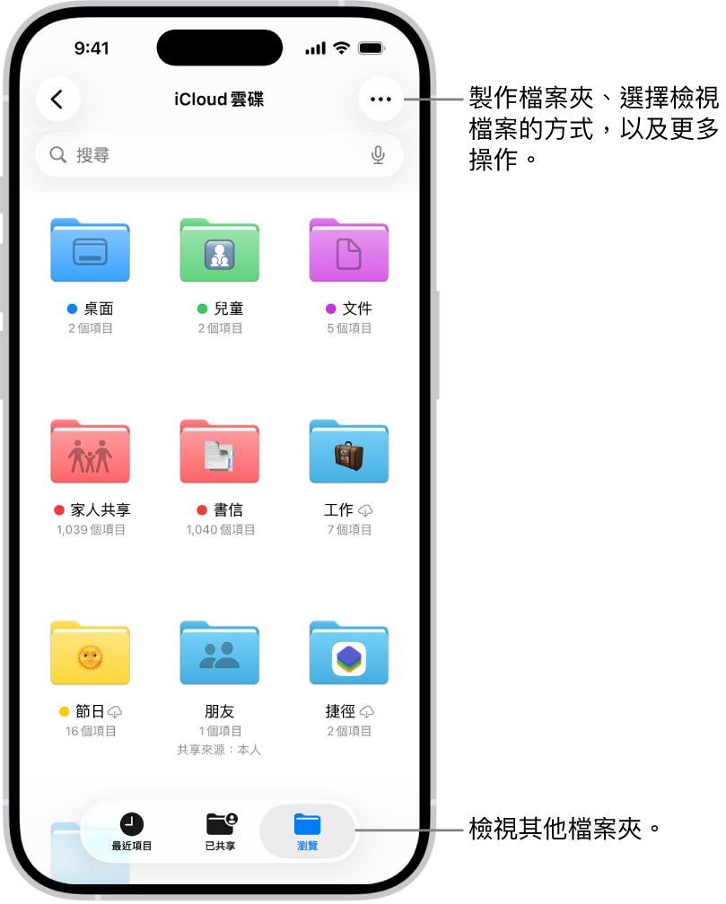 「檔案」App 顯示「iCloud 雲碟」中的檔案和檔案夾。「更多」選單中包含「選取」項目、「新增檔案夾」、「掃描文件」和「連接伺服器」的選項。下方為「圖像」和「列表」選項,用於檢視螢幕項目。底部為「名稱」、「種類」、「日期」、「大小」和「標籤」排序選項,接著是「顯示方式選項」。