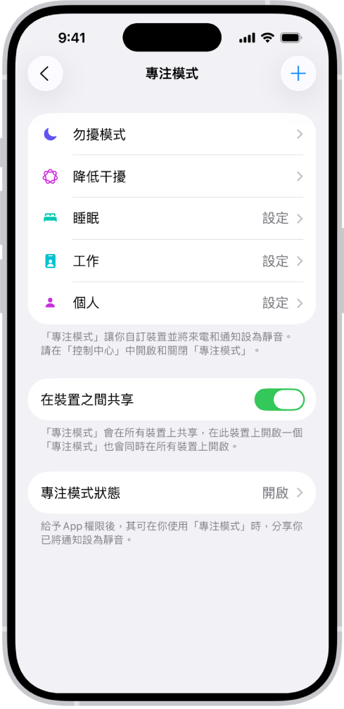 顯示四個所提供「專注模式」選項的畫面:「勿擾模式」、「個人」、「睡眠」和「工作」。「在所有裝置上共享」可讓你在登入同一個「Apple 帳號」的所有 Apple 裝置上取用相同的「專注模式」設定。