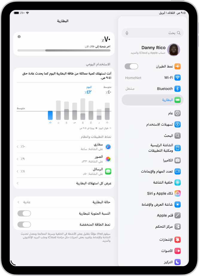 شاشة البطارية في الإعدادات على iPad. تعرض الشاشة رسمًا بيانيًا للاستخدام اليومي، وقائمة بالتطبيقات مع استهلاكها للبطارية، وإعدادات سلامة البطارية، والنسبة المئوية للبطارية، ونمط الطاقة المنخفضة.