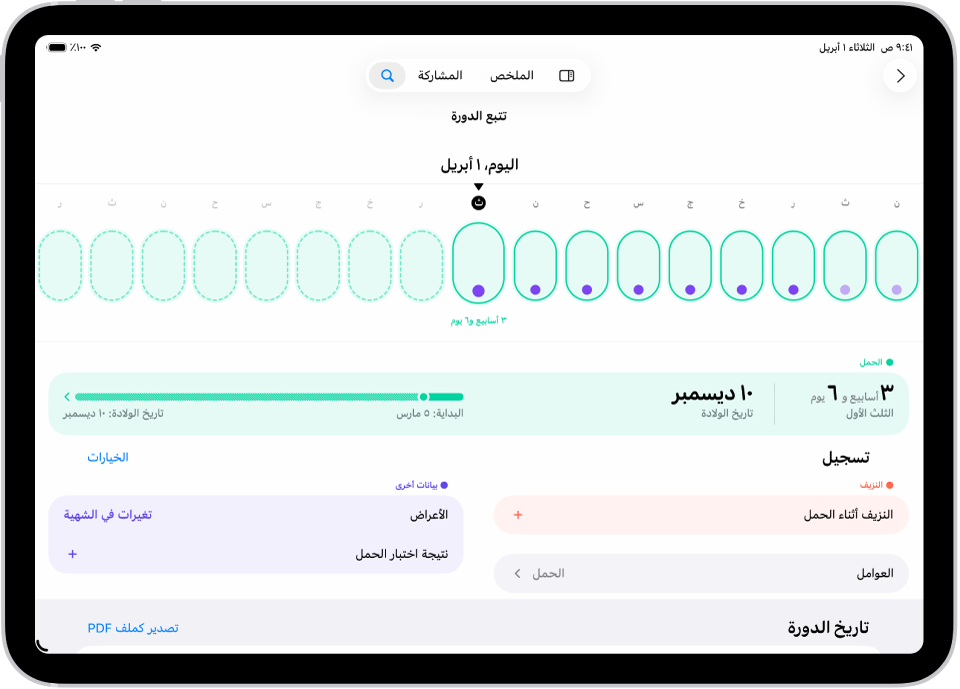 شاشة تتبع الدورة بها خط زمني لأسبوع في الجزء العلوي من الشاشة. تشير الأشكال البيضاوية الخضراء الفاتحة والنقط الأرجوانية إلى الأيام السبعة الأولى على الجدول الزمني. تشير الخطوط البيضاوية الخضراء الفاتحة المتقطعة إلى الأيام الأخرى على الجدول الزمني. يوجد أسفل الجدول الزمني ملخص الحمل الذي يوضح عمر الحمل وتاريخ البدء وتاريخ الولادة المتوقع. يوجد أسفل ملخص الحمل خيارات لإضافة معلومات حول النزيف أثناء الحمل والأعراض والمزيد.