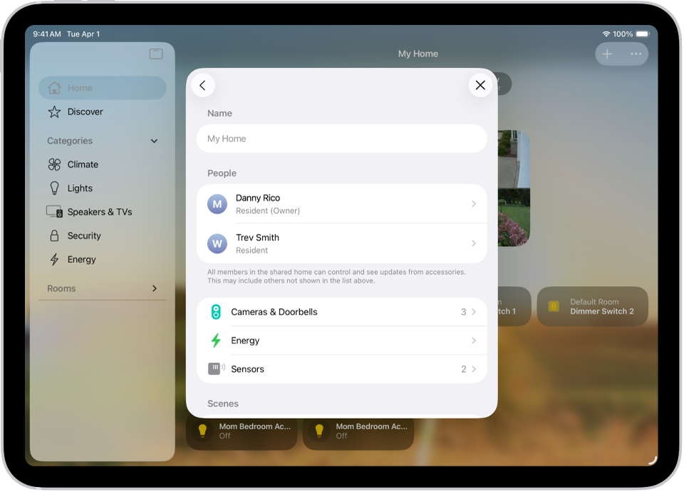 Графичен план: Изглед на приложението Дом, който показва няколко жители.