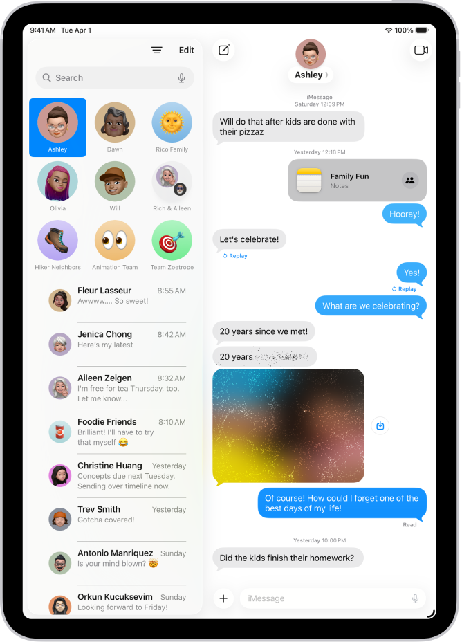 Разговор в Съобщения с текстово съобщение и снимка, която е изпратена с ефект Невидимо мастило.