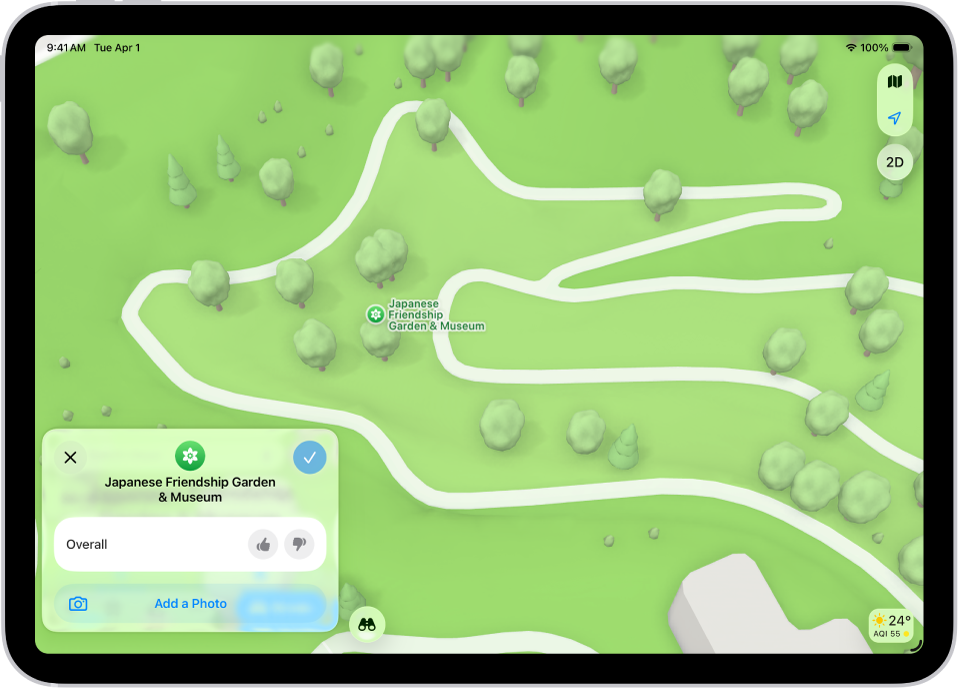 iPad amb una targeta de lloc amb una valoració global sobre una ubicació, fotos i botons per afegir o explorar fotos o valorar el lloc.