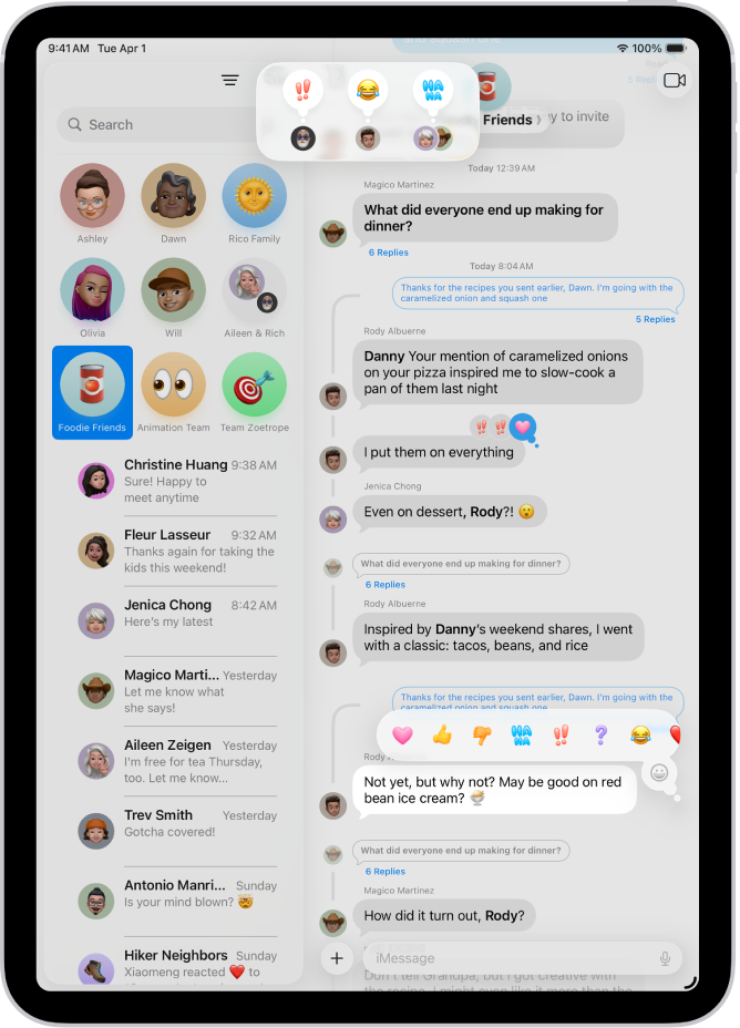Konverzace v aplikaci Zprávy s přiřazením tapbacků viditelným u horního okraje displeje a s nabídkou tapbacků zobrazenou nad zprávou