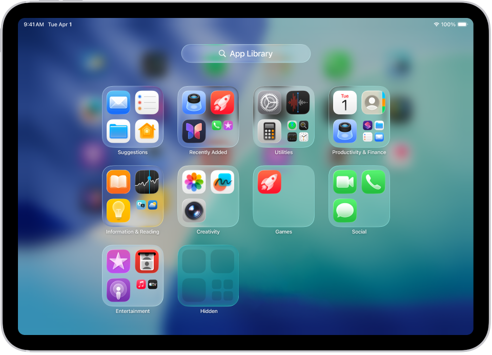 Knihovna aplikací na iPadu s aplikacemi uspořádanými podle kategorií (Zábava, Produktivita a finance a další)
