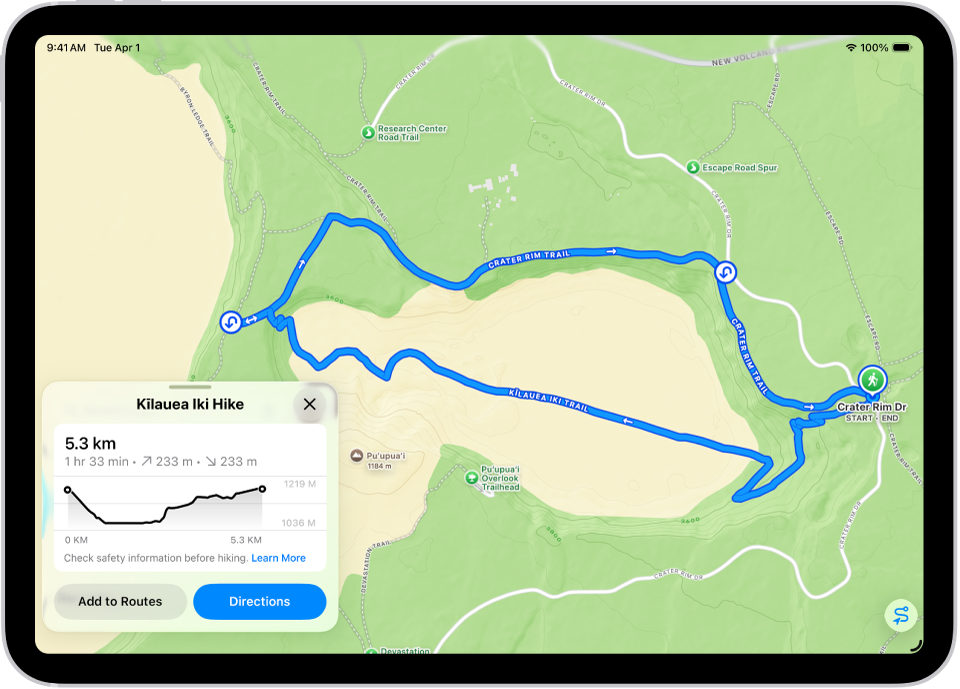 Přehled túry ke stažení se vzdáleností, výškovým profilem, odhadovaným časem a možnostmi uložení nebo získání pokynů k začátku túry.