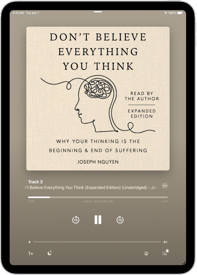 Na obrazovce přehrávače audioknih je shora dolů vidět obálka audioknihy, název právě přehrávaného oddílu, přehrávací hlava, tlačítko pro pozastavení a tlačítka pro přeskočení dopředu a zpět. Dole se nachází jezdec hlasitosti a ještě níž tlačítka pro ovládání rychlosti přehrávání, nastavení časovače spánku, výběr výstupního zařízení a zobrazení seznamu stop v knize.