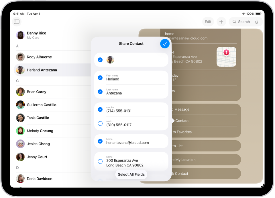 Okno sdílení kontaktu v aplikaci Kontakty