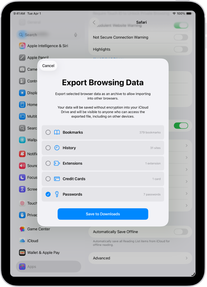 Skærmen Eksporter browserdata med muligheden Adgangskoder valgt for at eksportere til en anden adgangskodeapp.