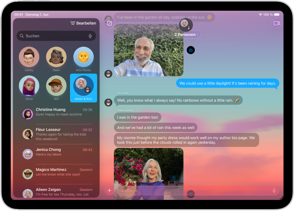 Eine Konversation in „Nachrichten“ mit einem dynamischen Hintergrund.