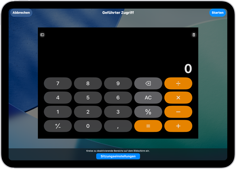 Ein iPad mit dem Einrichtungsbildschirm für die Funktion „Geführter Zugriff“. Das iPad ist vorübergehend auf die App „Rechner“ beschränkt und eine der Tasten in der App ist deaktiviert.