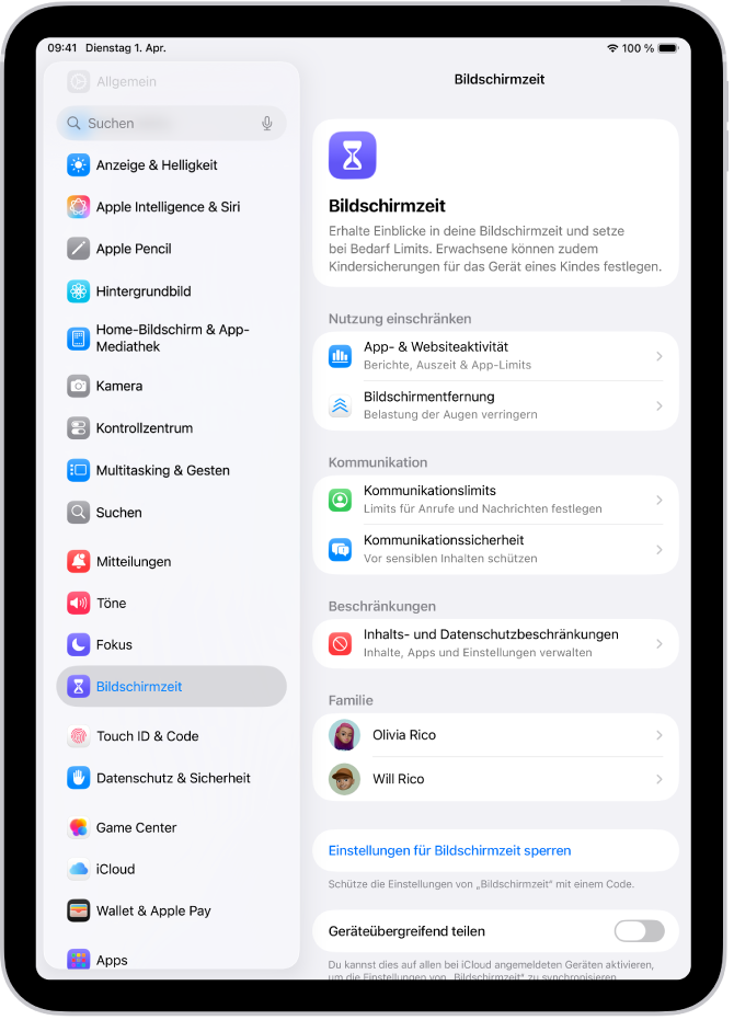 Der Bildschirm für die Einrichtung der Bildschirmzeit zeigt, dass zum Beginnen auf die Taste „App- & Websiteaktivität“ getippt werden muss.