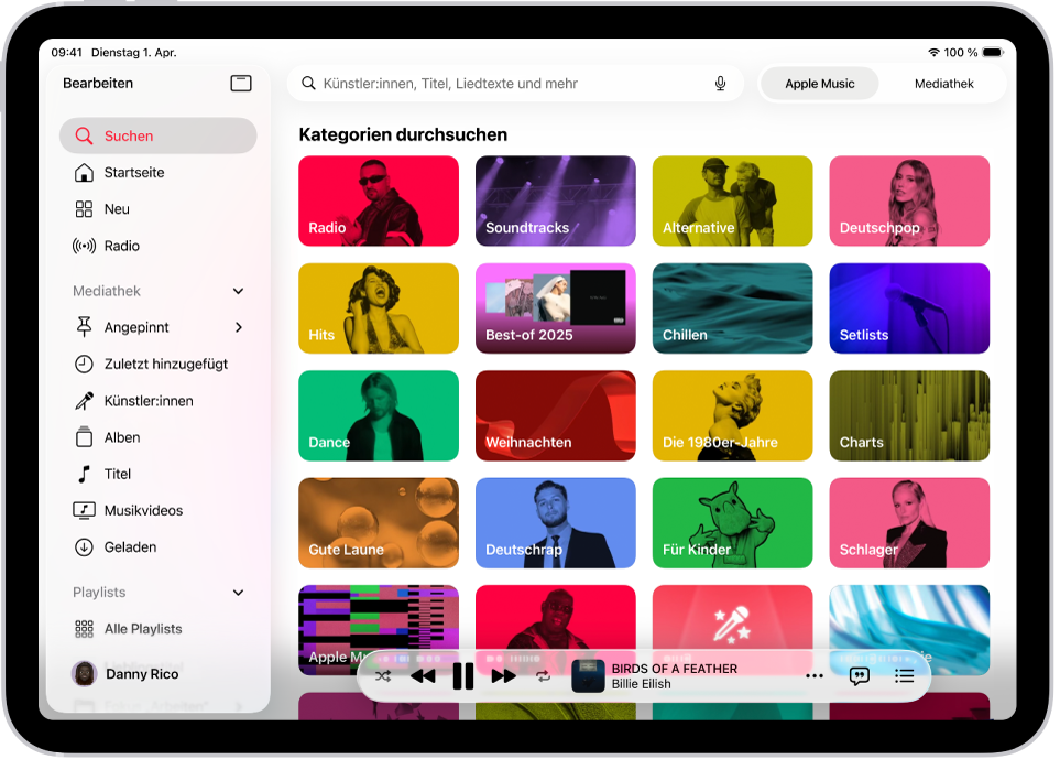 Der Tab „Suchen“ mit der Seitenleiste links und einem Suchfeld oben. Unter dem Suchfeld werden verschiedene Musikkategorien anzeigt. Unten befindet sich der Mini-Player.