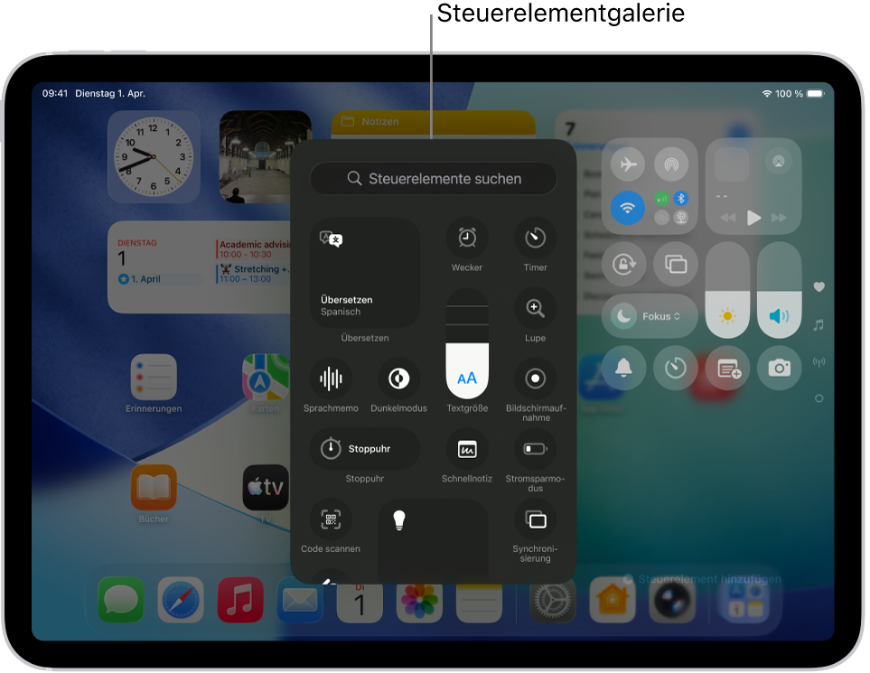 Das Kontrollzentrum im Bearbeitungsmodus mit der geöffneten Galerie der Steuerelemente, die alle verfügbaren Steuerelemente zeigt.