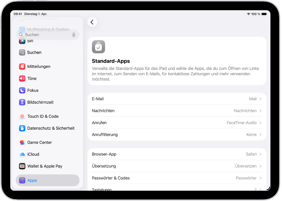 Der Bildschirm, um die Standard-Apps zum Senden von E-Mails, Surfen im Internet und mehr zu ändern.