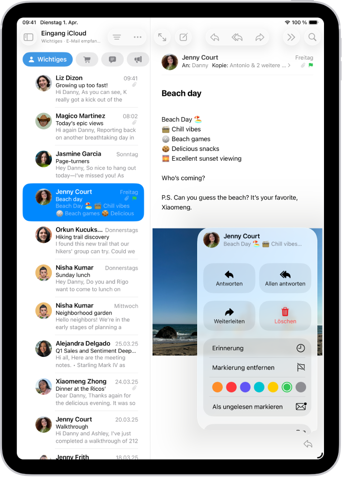 Eine geöffnete E-Mail. Das Menü mit Optionen zum Hinzufügen oder Entfernen einer Markierung wird rechts angezeigt.