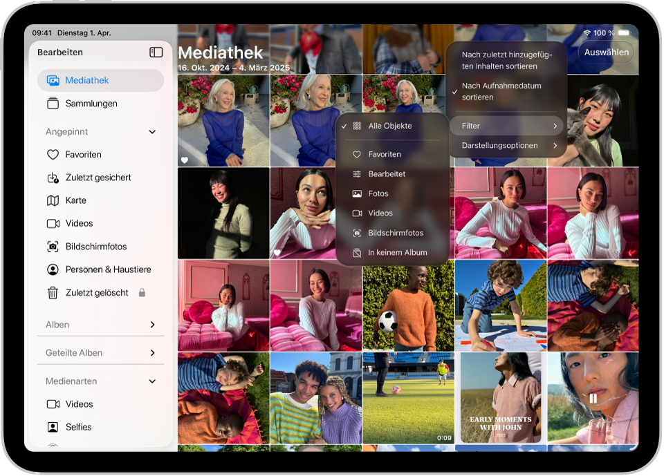 Die App „Fotos“ ist geöffnet und der Tab „Mediathek“ ist in der Seitenleiste ausgewählt. Die Taste „Sortieren und Filtern“ ist oben auf dem Bildschirm ausgewählt und es werden verschiedene Optionen von „Sortieren und Filtern“ für die Ansicht der Mediathekinhalte angezeigt.