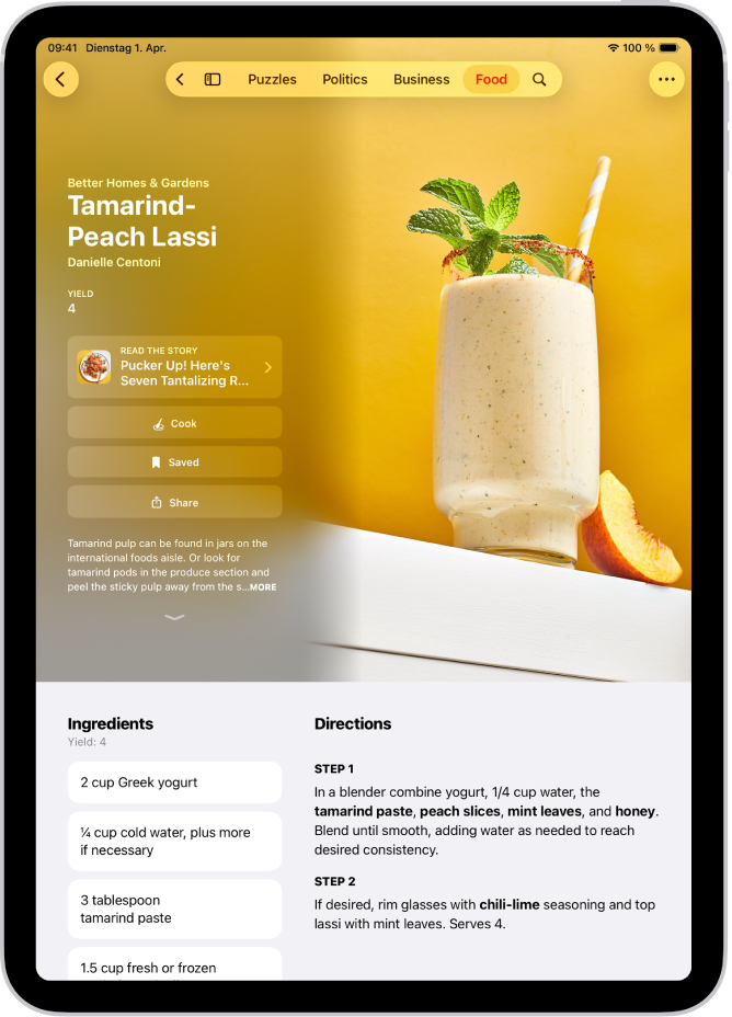 Ein Rezept in Apple News+ mit den sichtbaren Zutaten und Schritten.