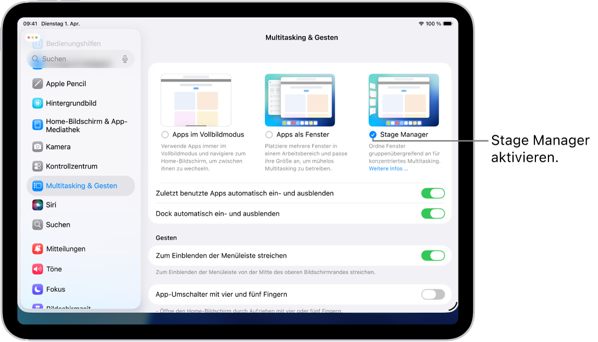 Die iPad-App „Einstellungen“ zeigt die Optionen für „Multitasking & Gesten“, die du für die Arbeit mit mehreren Apps auswählen kannst.