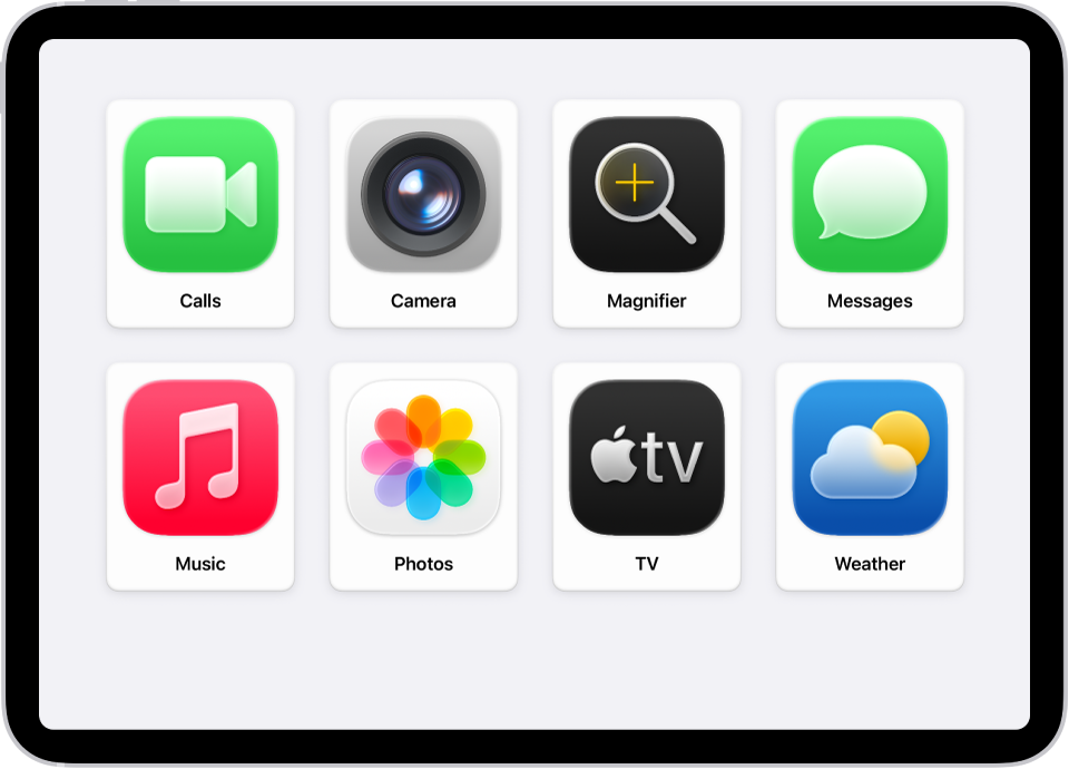 Ένα iPad στο οποίο φαίνεται η οθόνη Αφετηρίας Υποβοηθούμενης πρόσβασης με ένα μεγάλο πλέγμα εφαρμογών.