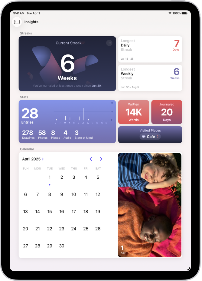 Μια οθόνη στην εφαρμογή «Λεύκωμα» όπου εμφανίζεται το τρέχον σερί και μετρήσεις, όπως το πλήθος των λέξεων που έχουν γραφτεί.