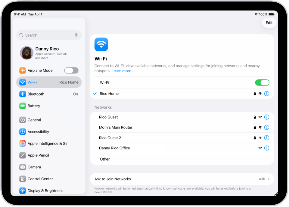 Η οθόνη «Ρυθμίσεις» εμφανίζει τα διαθέσιμα δίκτυα Wi-Fi.