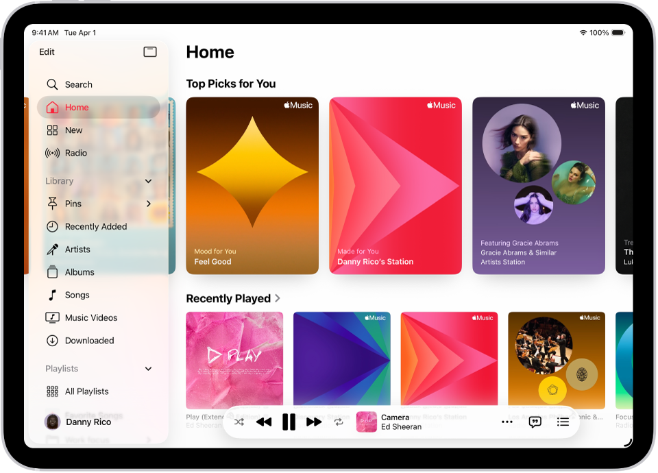 The Home tab in the Music app showing the sidebar on the left and the Home section at the right. The Home tab shows Top Picks at the top. Recently Played music appears below, showing four album covers. The MiniPlayer is at the bottom.