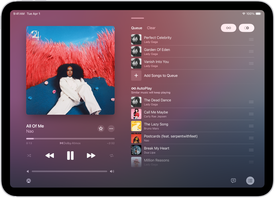 The Now Playing screen showing the queue with AutoPlay and AutoMix turned on. Similar songs appear below the songs in the album.
