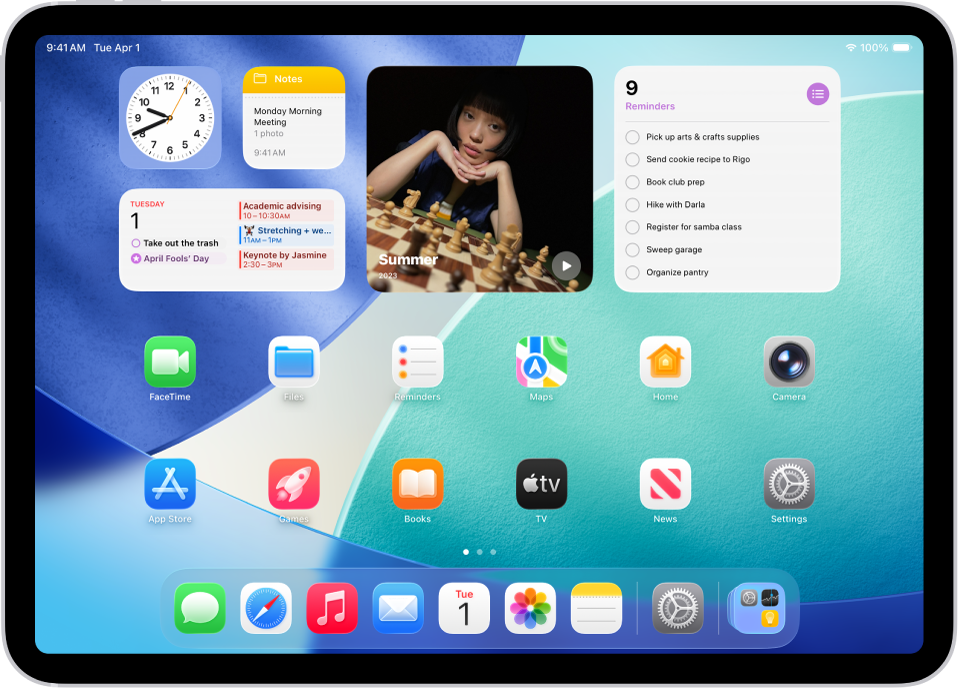 The iPad Home Screen with several app icons, including the Settings app icon, which you can tap to change your iPad sound volume, screen brightness, and more.