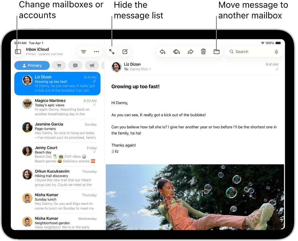 The Mail Inbox, with the list of emails on the left and an open email on the right.