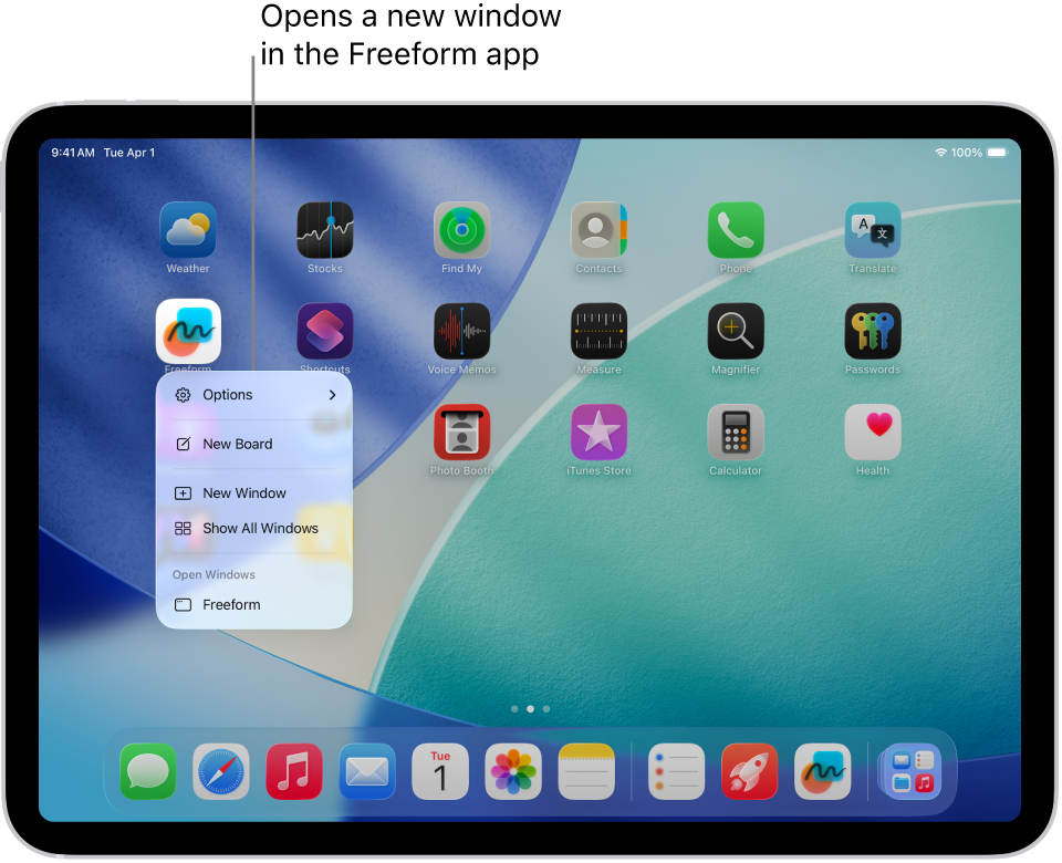 An iPad Home Screen with the Freeform app menu open, showing a list of actions you can choose—including open a new window in the app, create a new board, show all the open app windows, and others.