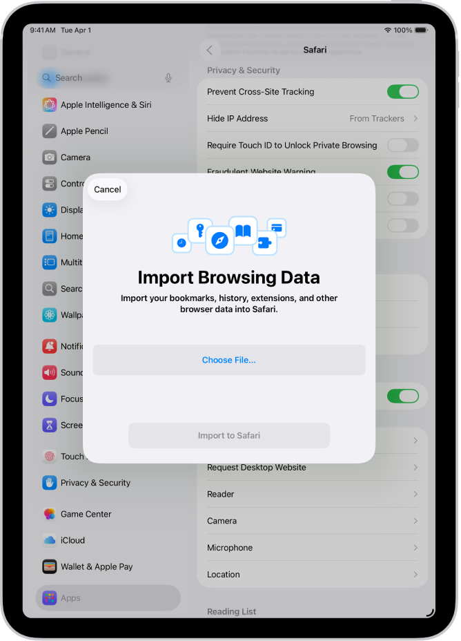 The Import Browsing Data screen, showing the data from another browser to be imported into Safari.